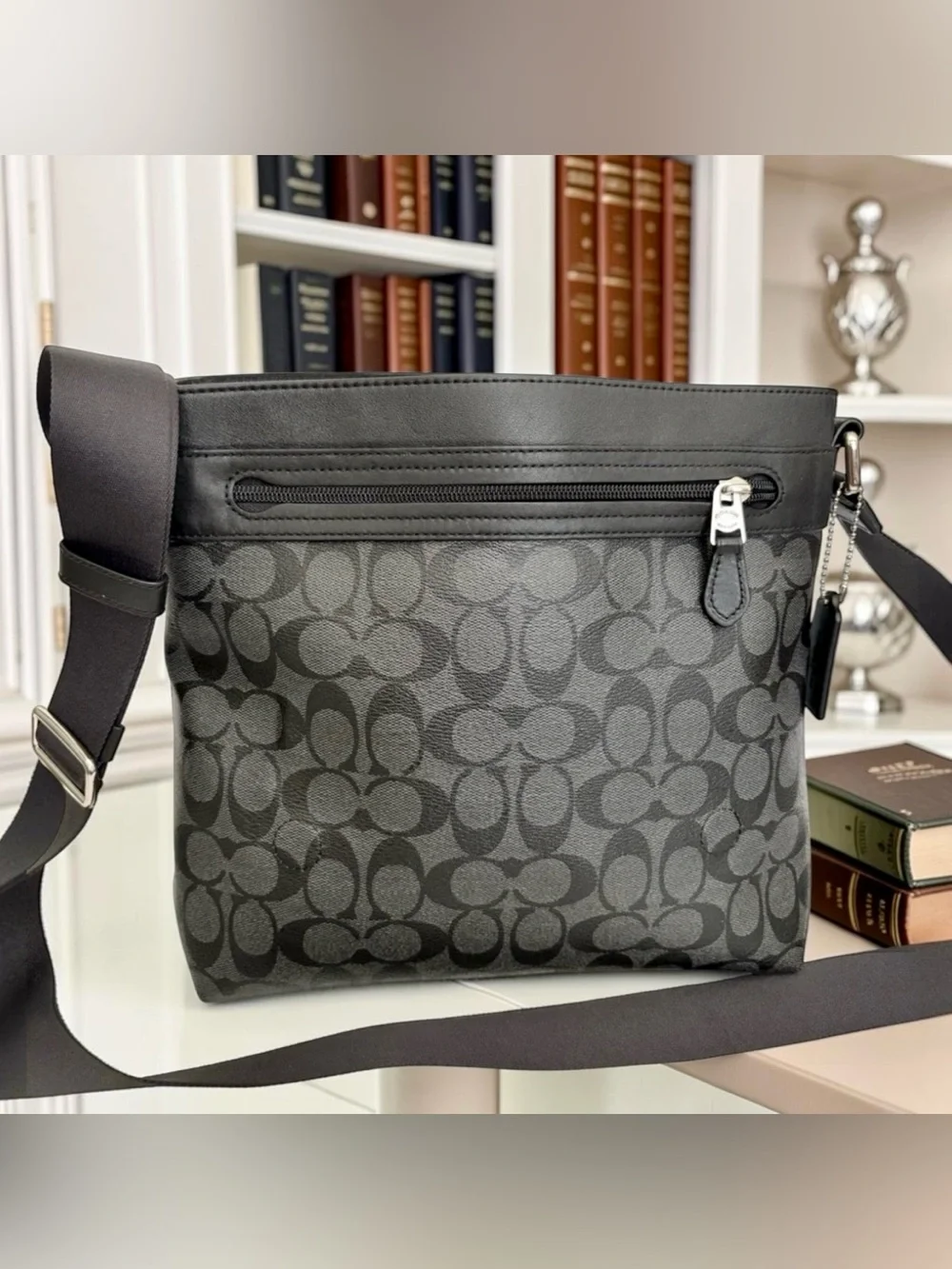 COACH Charles Messenger | Signature Canvas & Leather | Charcoal Black Crossbody